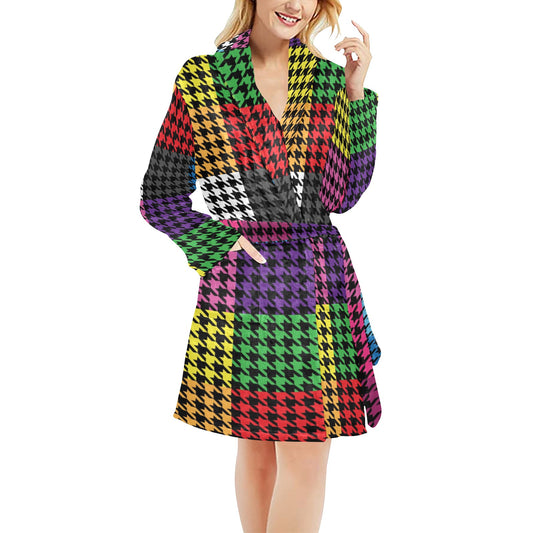 Houndstooth Colorful Pattern Print Design 01 Women's Fleece Robe