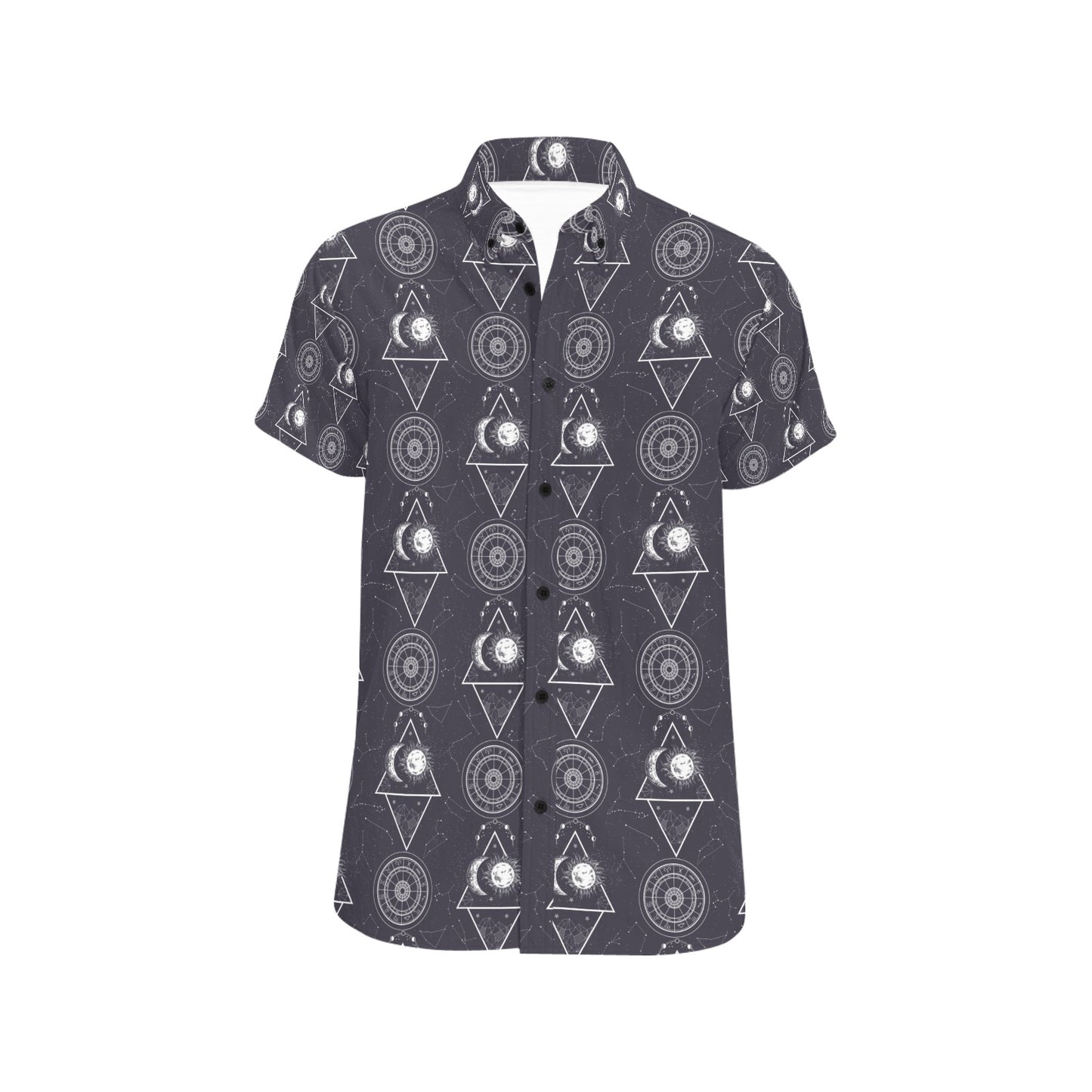 Sun Moon Print Design LKS309 Men Short Sleeve Button Up Shirt