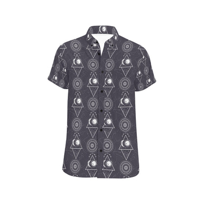 Sun Moon Print Design LKS309 Men Short Sleeve Button Up Shirt