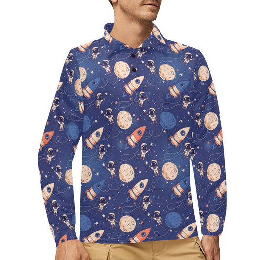 Space Astronaut Rocket Print Design LKS304 Long Sleeve Polo Shirt For Men's