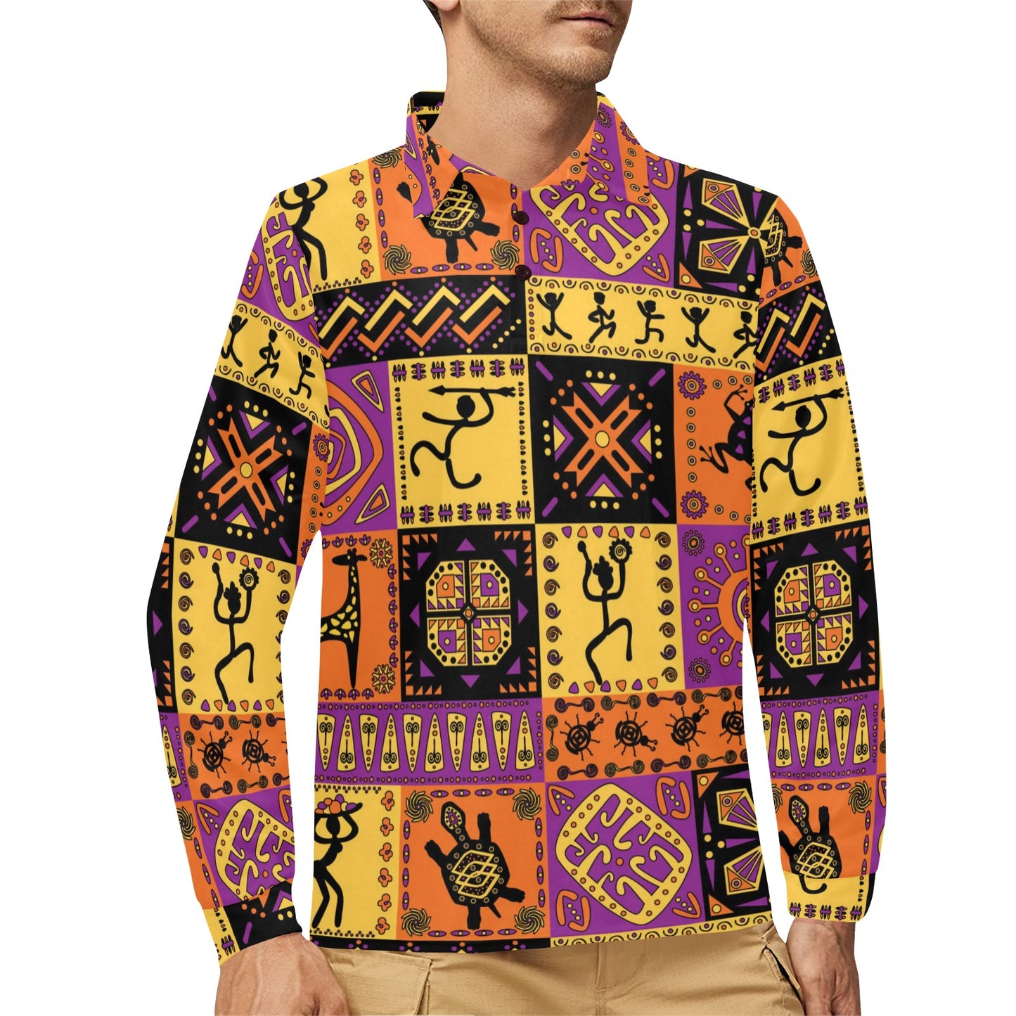 African Pattern Print Design 02 Long Sleeve Polo Shirt For Men's