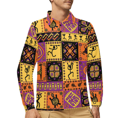 African Pattern Print Design 02 Long Sleeve Polo Shirt For Men's
