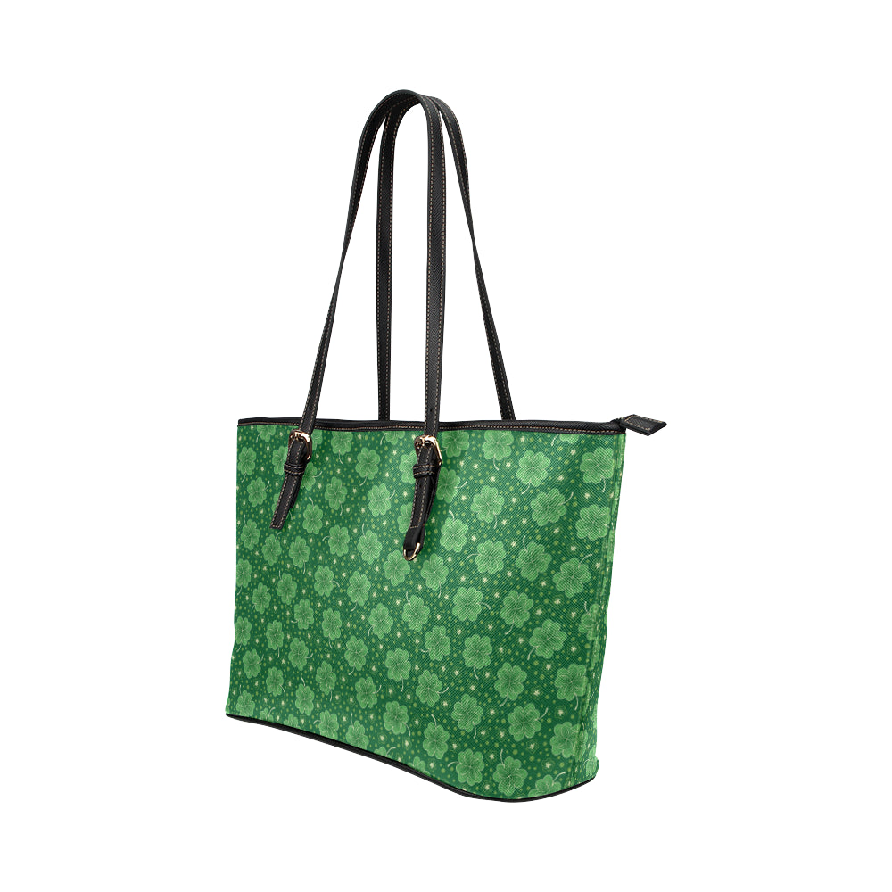 Shamrock Design Print Leather Tote Bag