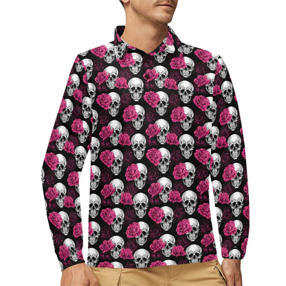 Pink Rose Skull Themed Print Long Sleeve Polo Shirt For Men's
