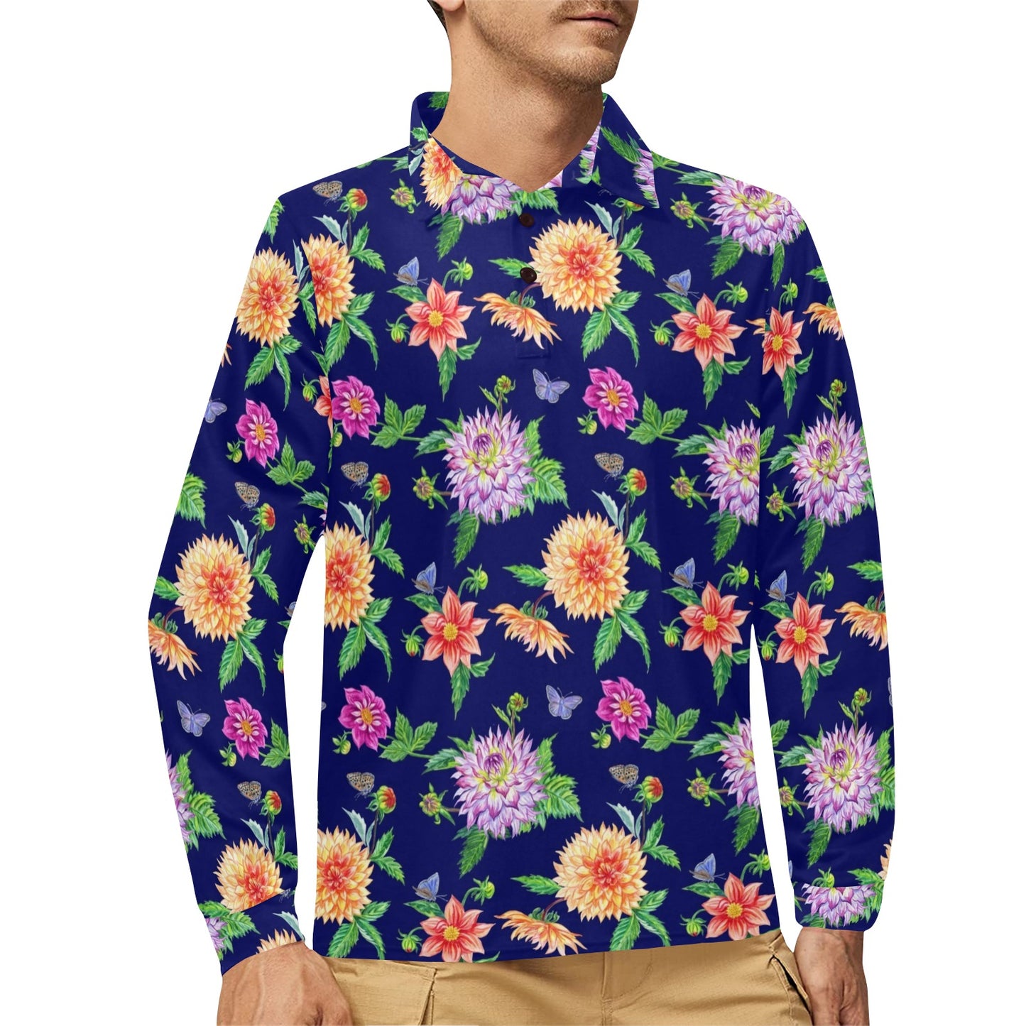 Dahlia Pattern Print Design DH010 Long Sleeve Polo Shirt For Men's