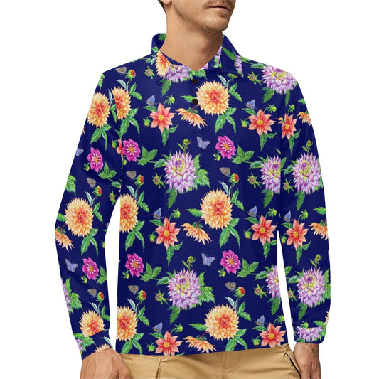 Dahlia Pattern Print Design DH010 Long Sleeve Polo Shirt For Men's