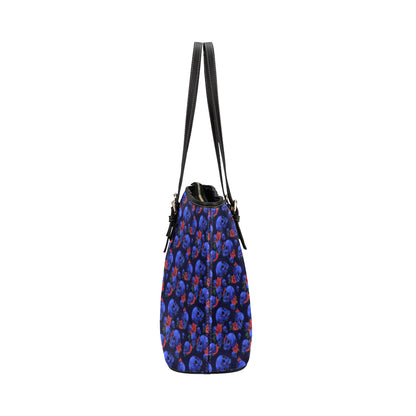 Skull Roses Neon Design Themed Print Leather Tote Bag