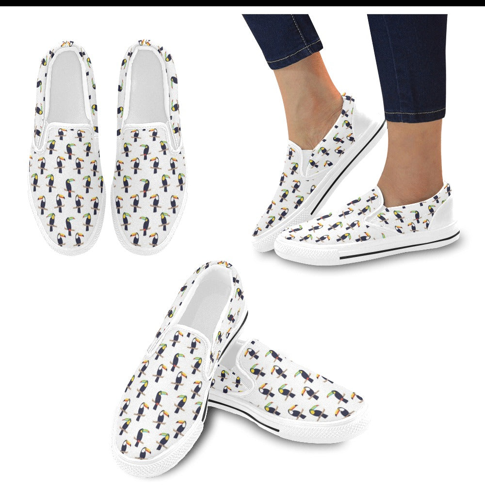 Toucan Print Design LKS305 White Slip Ons Canvas Women's Shoes