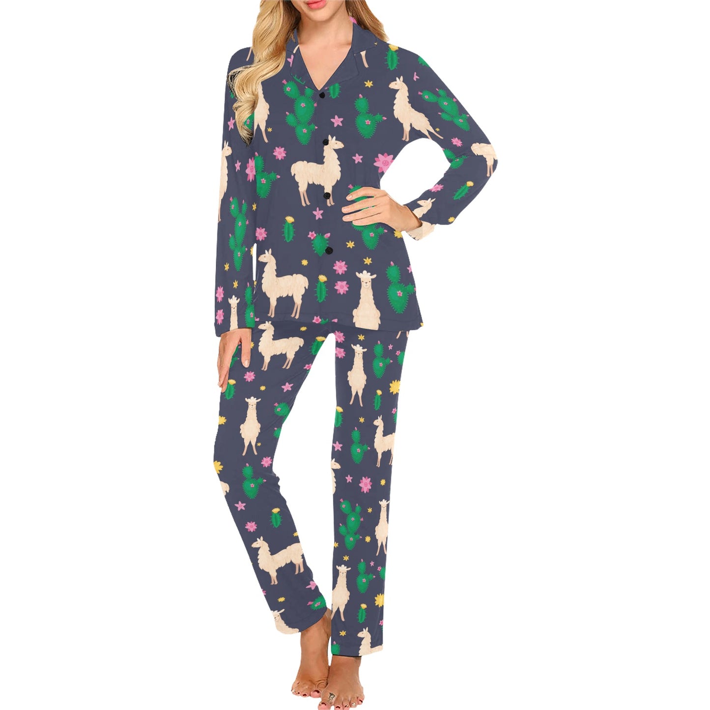 Llama Cactus Pattern Print Design 012 Women's Long Pajama Set