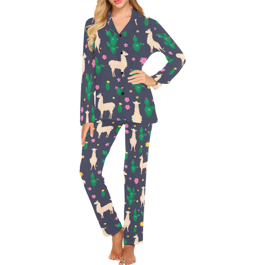 Llama Cactus Pattern Print Design 012 Women's Long Pajama Set