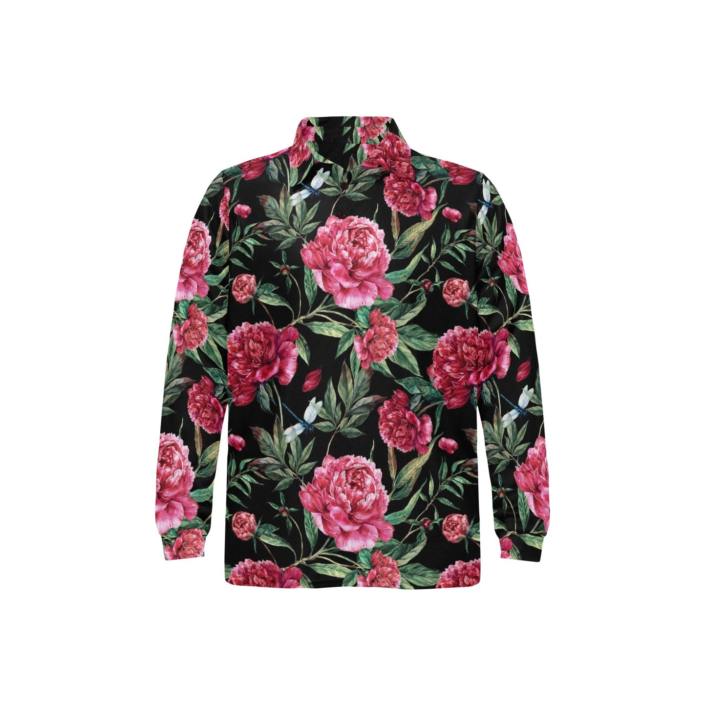 Peony Pattern Print Design PE04 Long Sleeve Polo Shirt For Men's