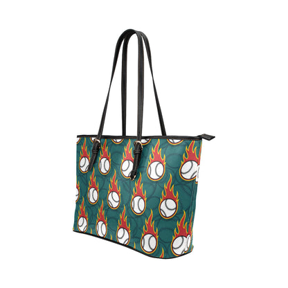 Baseball Fire Print Pattern Leather Tote Bag