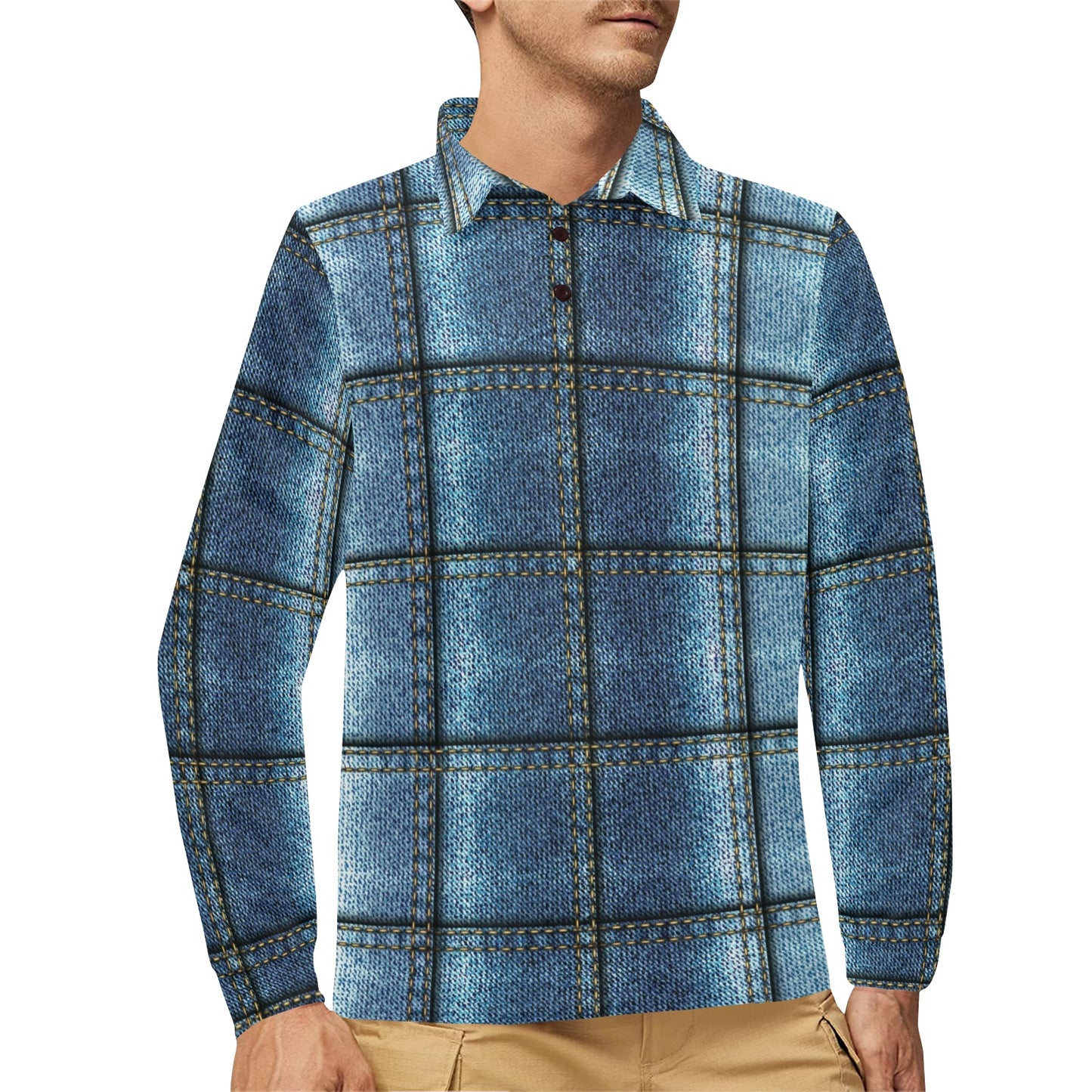 Jean Patchwork Pattern Print Design 02 Long Sleeve Polo Shirt For Men's