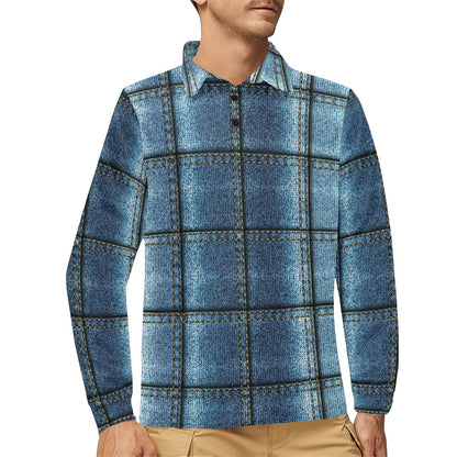 Jean Patchwork Pattern Print Design 02 Long Sleeve Polo Shirt For Men's