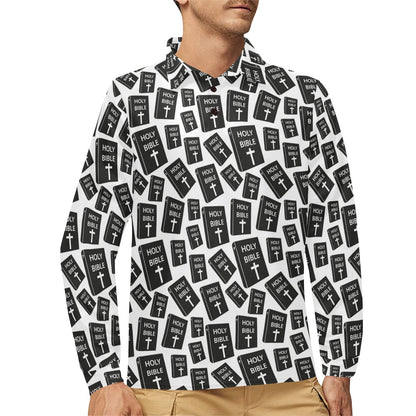 Christian Holy Bible Book Pattern Long Sleeve Polo Shirt For Men's