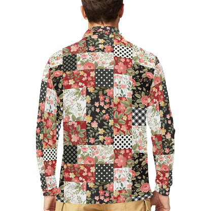 Patchwork Flower Pattern Print Design 03 Long Sleeve Polo Shirt For Men's