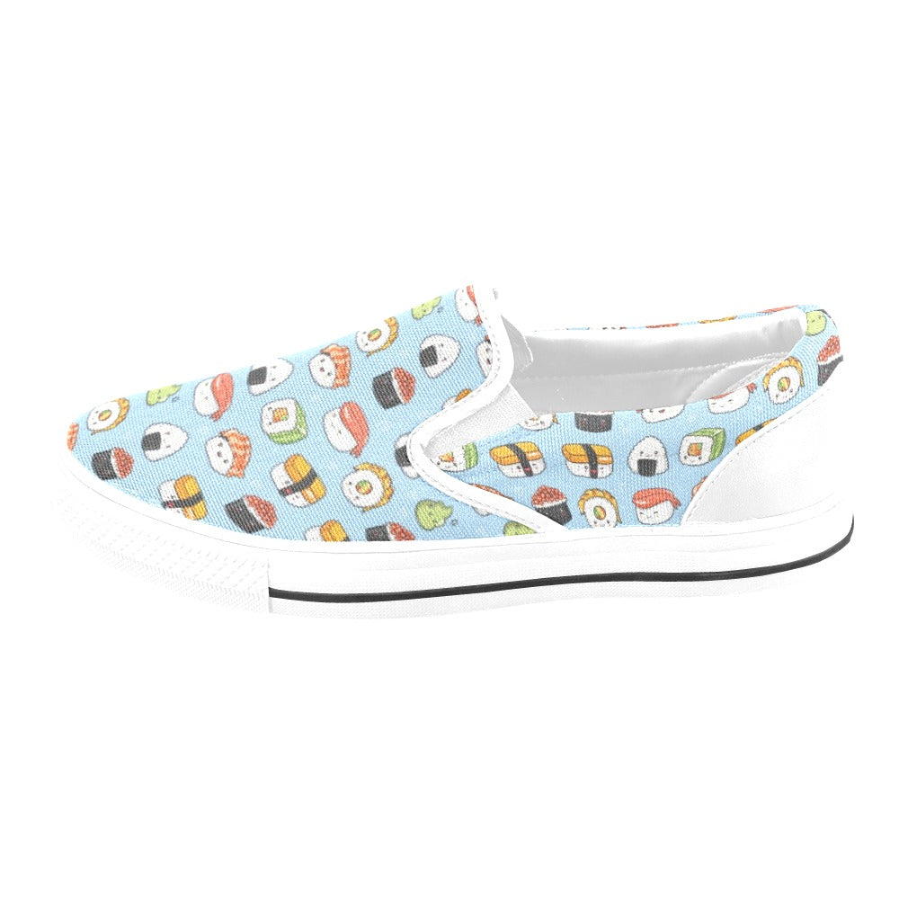 Sushi Print Design LKS303 White Slip Ons Canvas Women's Shoes