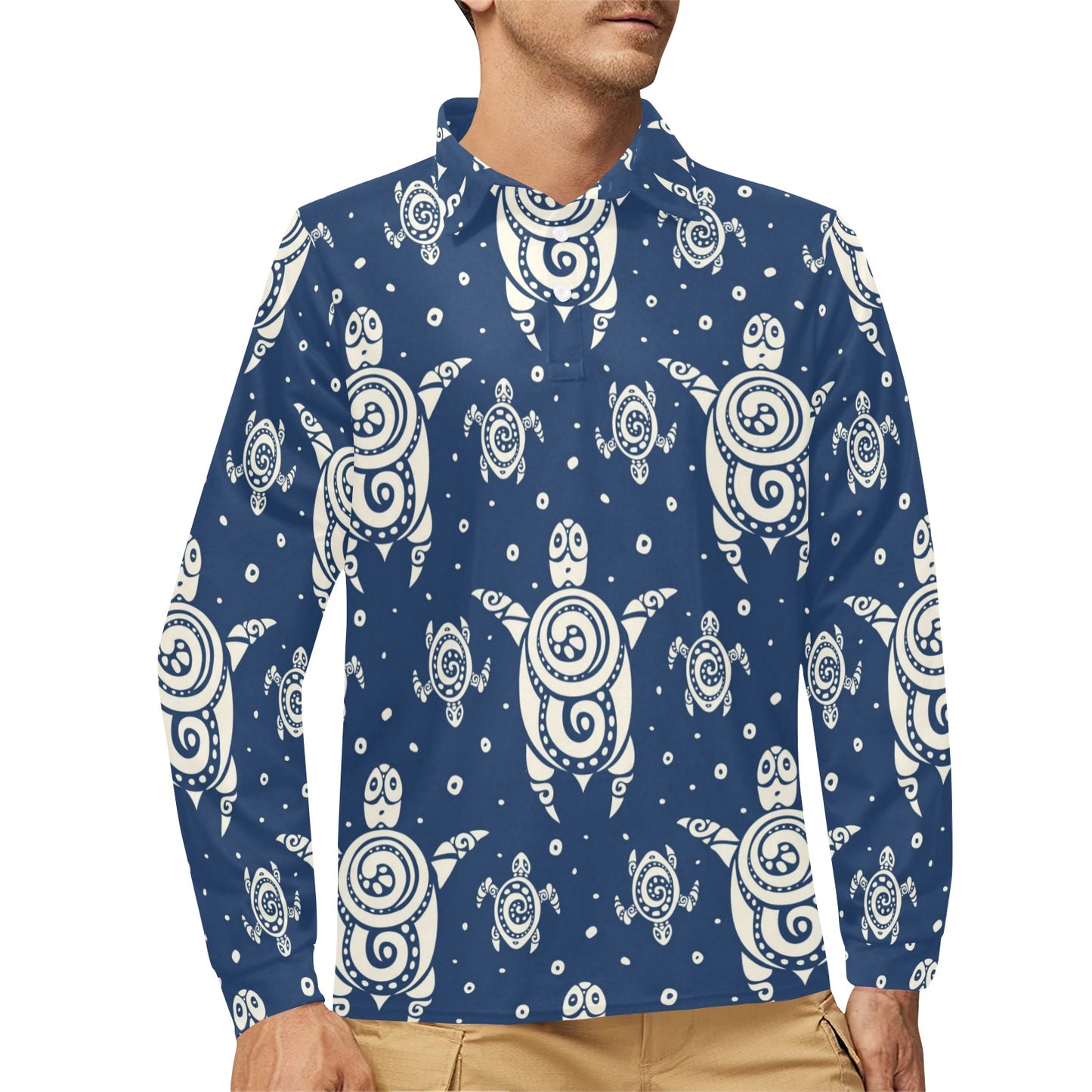 Sea Turtle Tribal Long Sleeve Polo Shirt For Men's