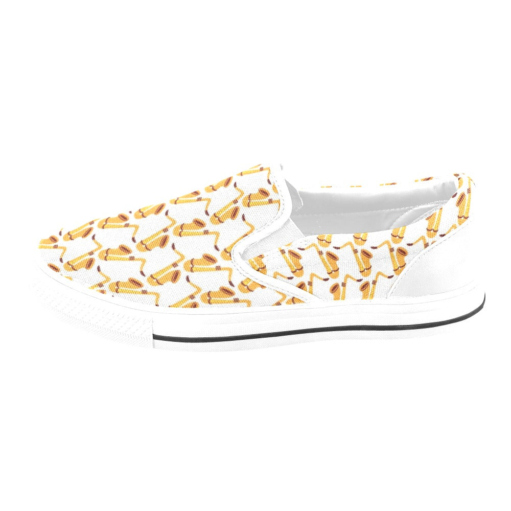 Saxophone Print Design LKS404 White Slip Ons Canvas Women's Shoes