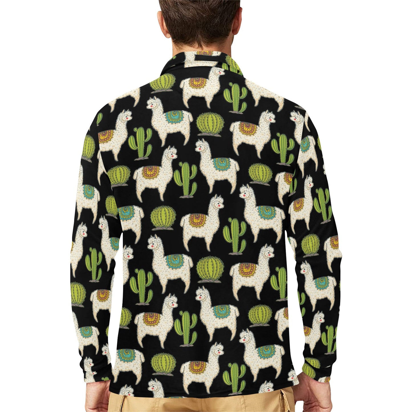Alpaca Cactus Pattern Print Design 07 Long Sleeve Polo Shirt For Men's