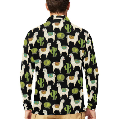 Alpaca Cactus Pattern Print Design 07 Long Sleeve Polo Shirt For Men's