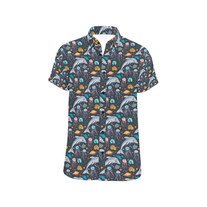 Underwater Dolphin Print Design LKS304 Men Short Sleeve Button Up Shirt
