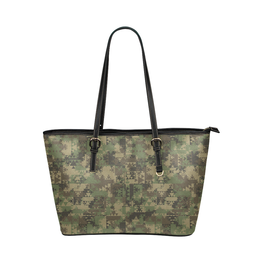 Camouflage Aztec Green Army Print Leather Tote Bag