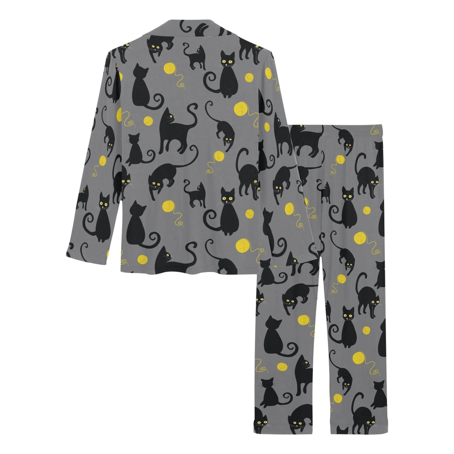 Black Cat Yellow Yarn Print Pattern Women's Long Pajama Set
