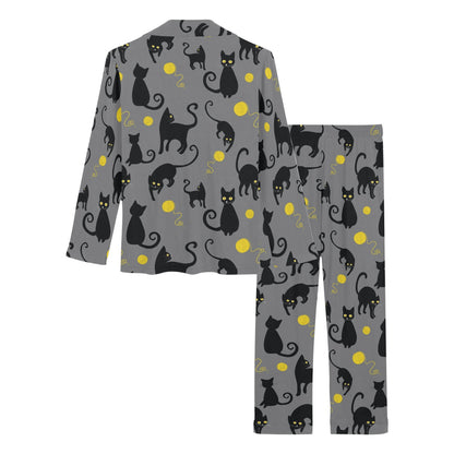 Black Cat Yellow Yarn Print Pattern Women's Long Pajama Set