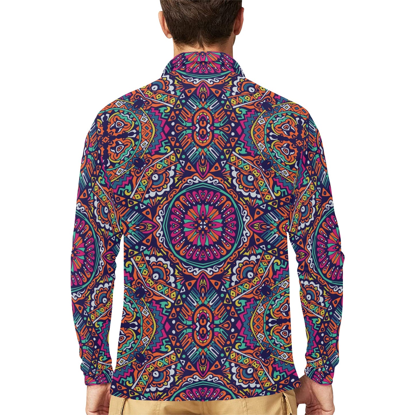 Boho Pattern Print Design 06 Long Sleeve Polo Shirt For Men's