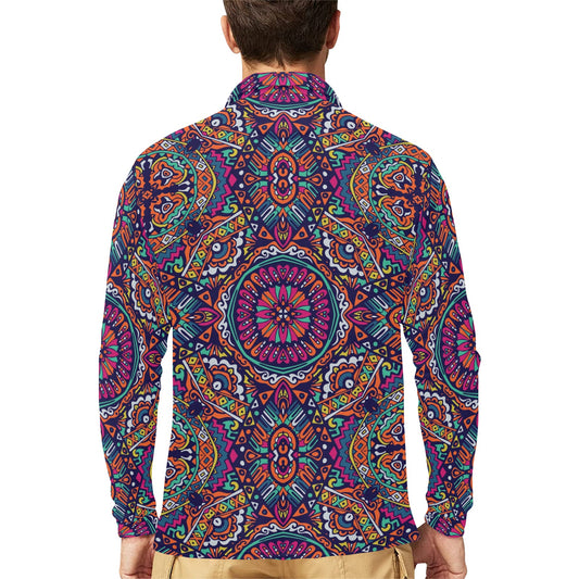 Boho Pattern Print Design 06 Long Sleeve Polo Shirt For Men's