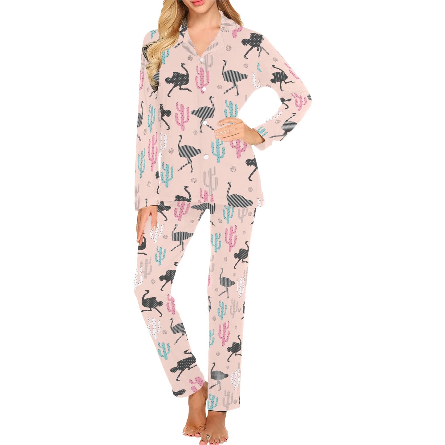Ostrich Pattern Print Design 03 Women's Long Pajama Set