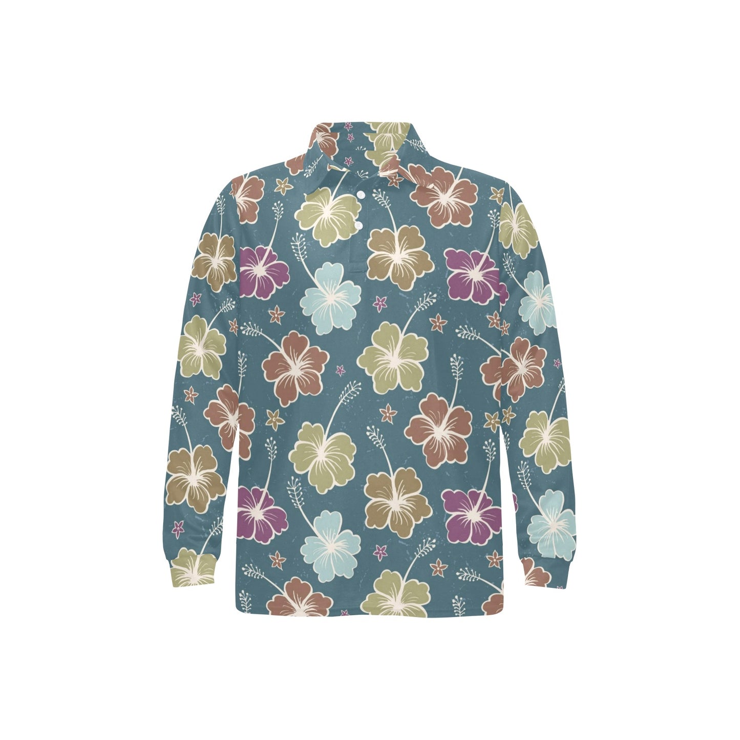 Hibiscus Pattern Print Design HB033 Long Sleeve Polo Shirt For Men's