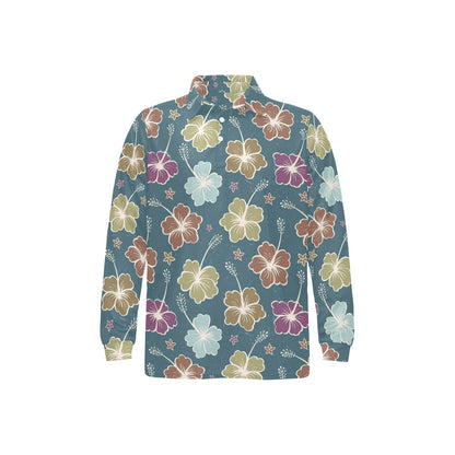 Hibiscus Pattern Print Design HB033 Long Sleeve Polo Shirt For Men's
