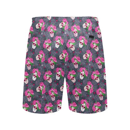 Sugar Skull Pink Rose Themed Print Men's Swim Trunks Beach Shorts