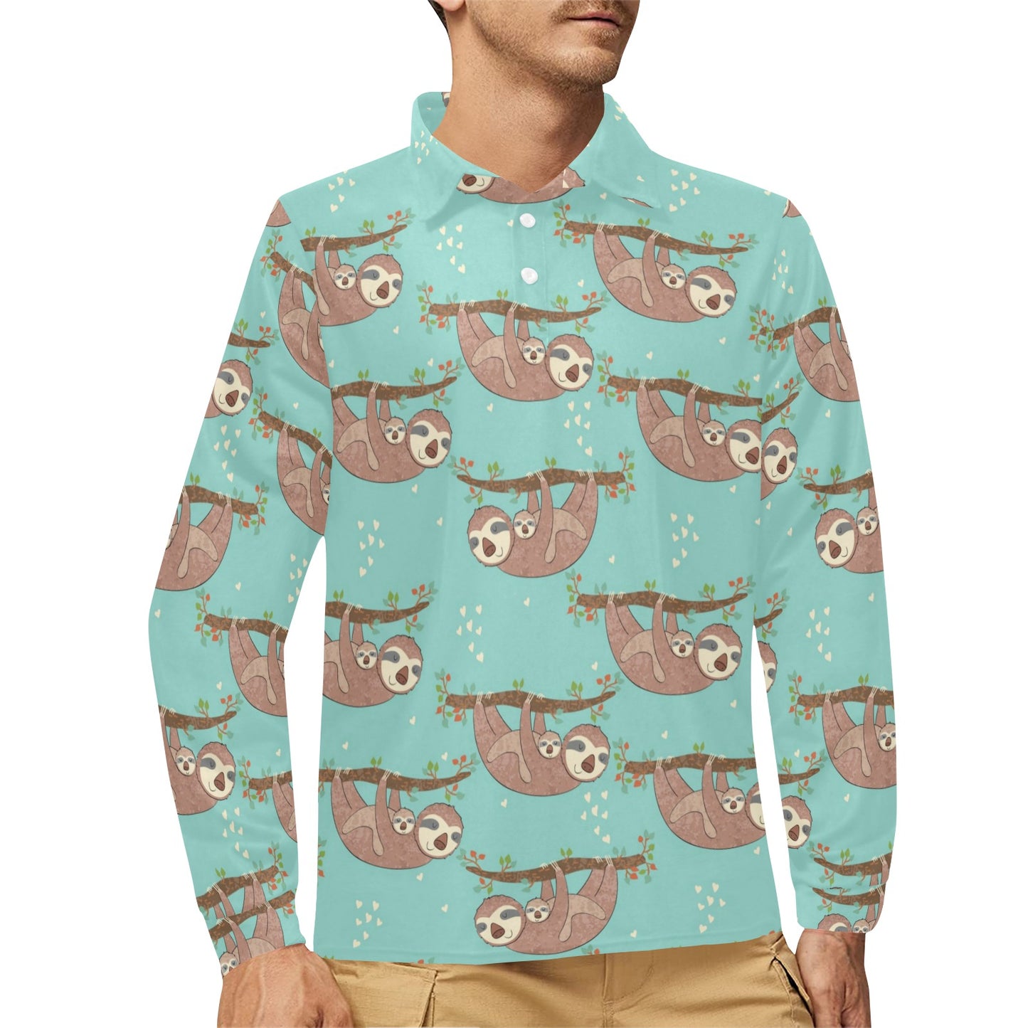 Sloth Print Design LKS302 Long Sleeve Polo Shirt For Men's