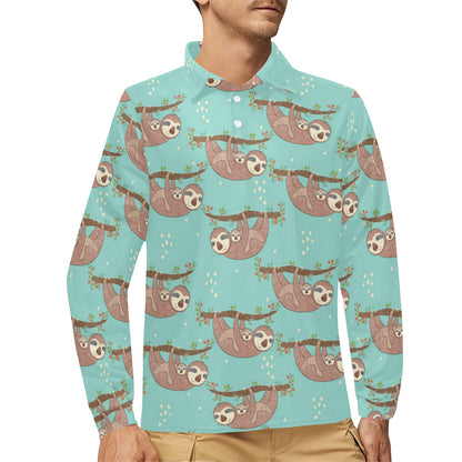 Sloth Print Design LKS302 Long Sleeve Polo Shirt For Men's