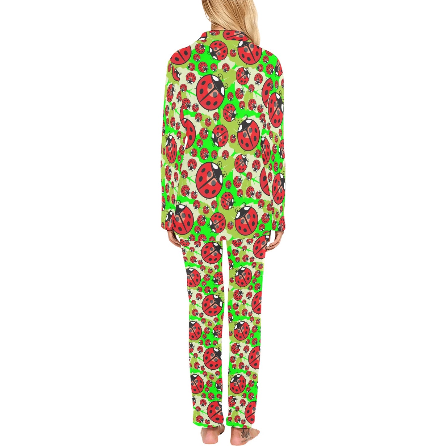 Ladybug with Leaf Print Pattern Women's Long Pajama Set