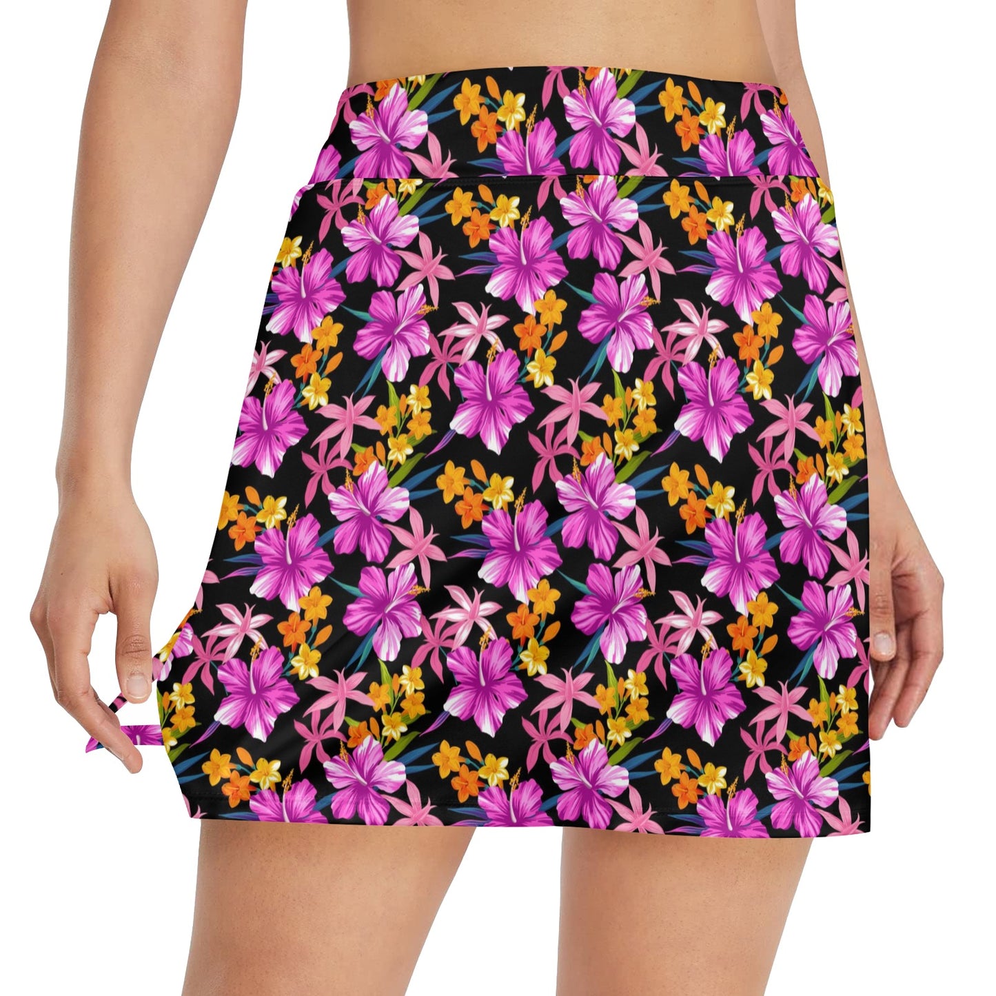 Tropical Folower Pink Hibiscus Print 17" Golf & Pickleball Skort with Pockets