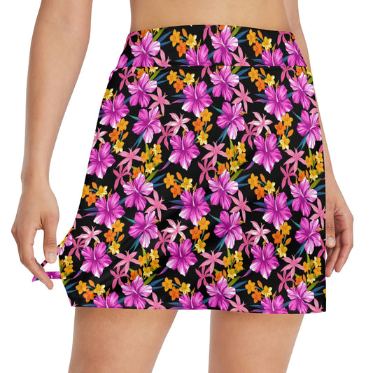 Tropical Folower Pink Hibiscus Print 17" Golf & Pickleball Skort with Pockets