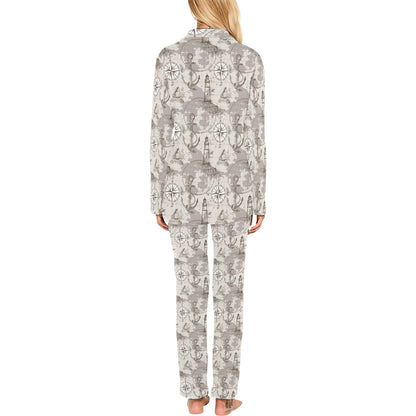 Nautical Map Design Themed Print Women's Long Pajama Set