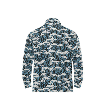 Surf Wave Pattern Print Long Sleeve Polo Shirt For Men's