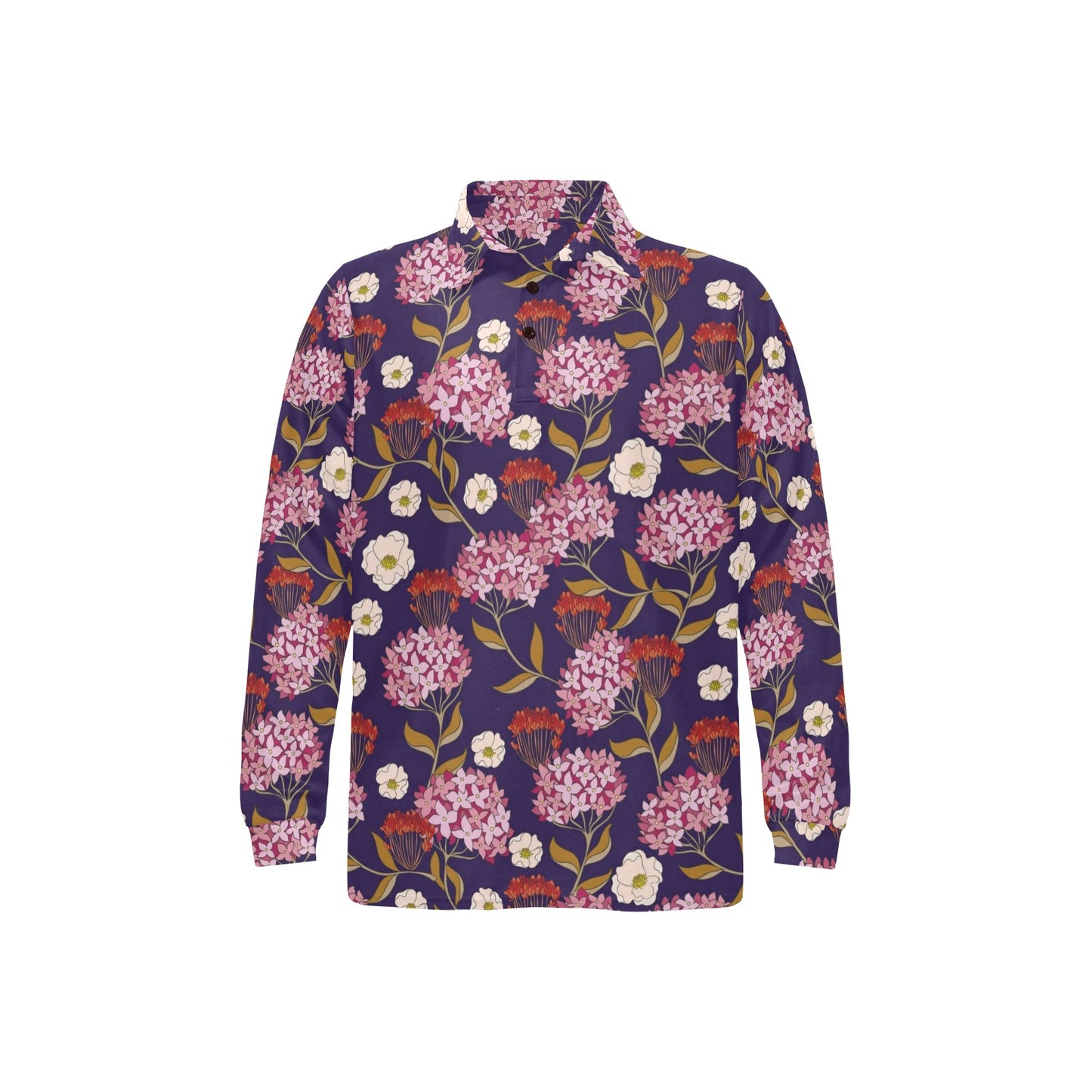Hydrangea Pattern Print Design HD010 Long Sleeve Polo Shirt For Men's