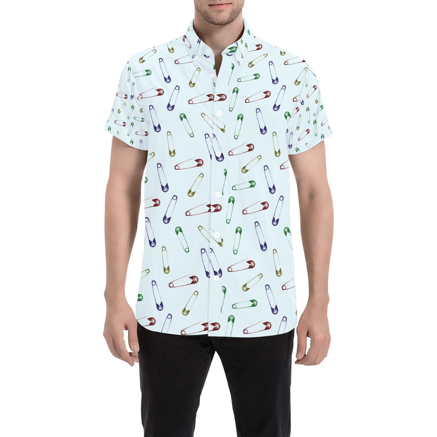 Safety Pin Print Design LKS303 Men Short Sleeve Button Up Shirt