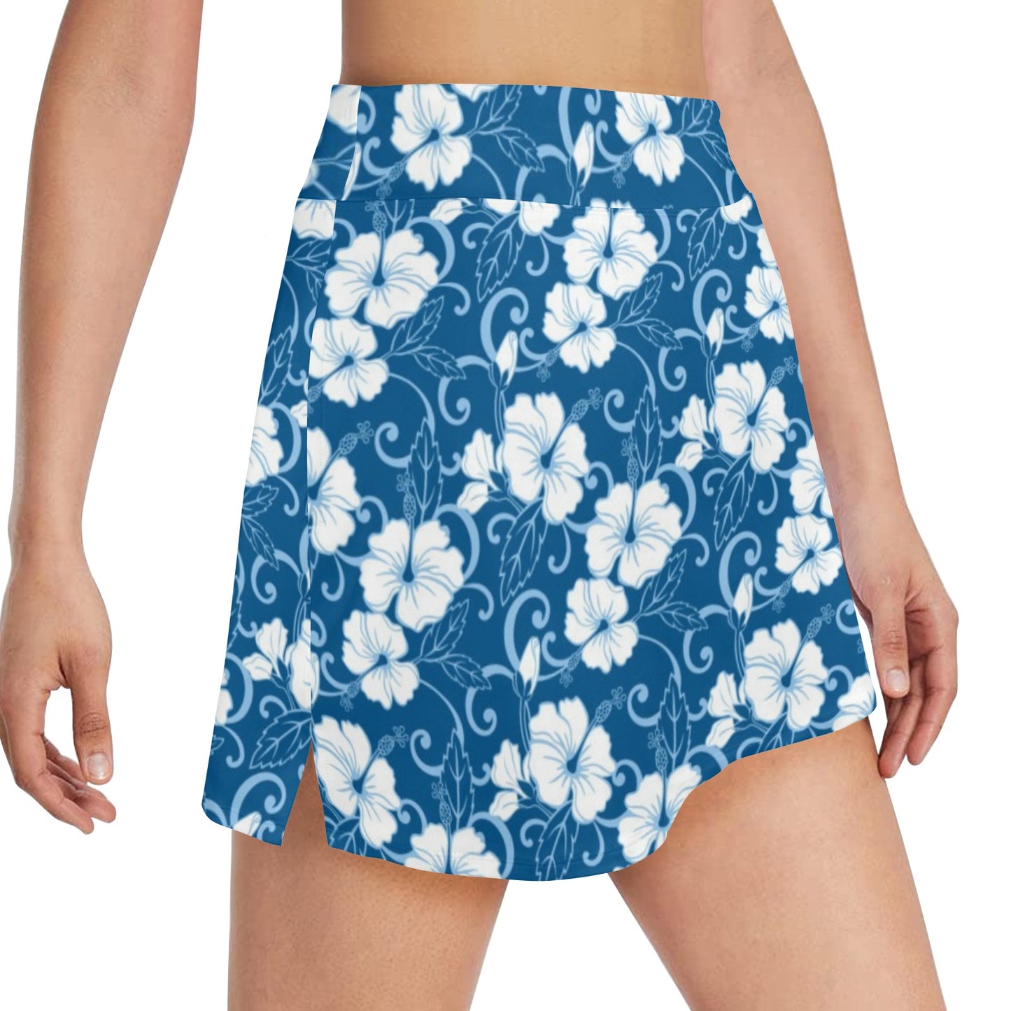 Hibiscus Blue Flower Hawaiian Print 17" Golf & Pickleball Skort with Pockets