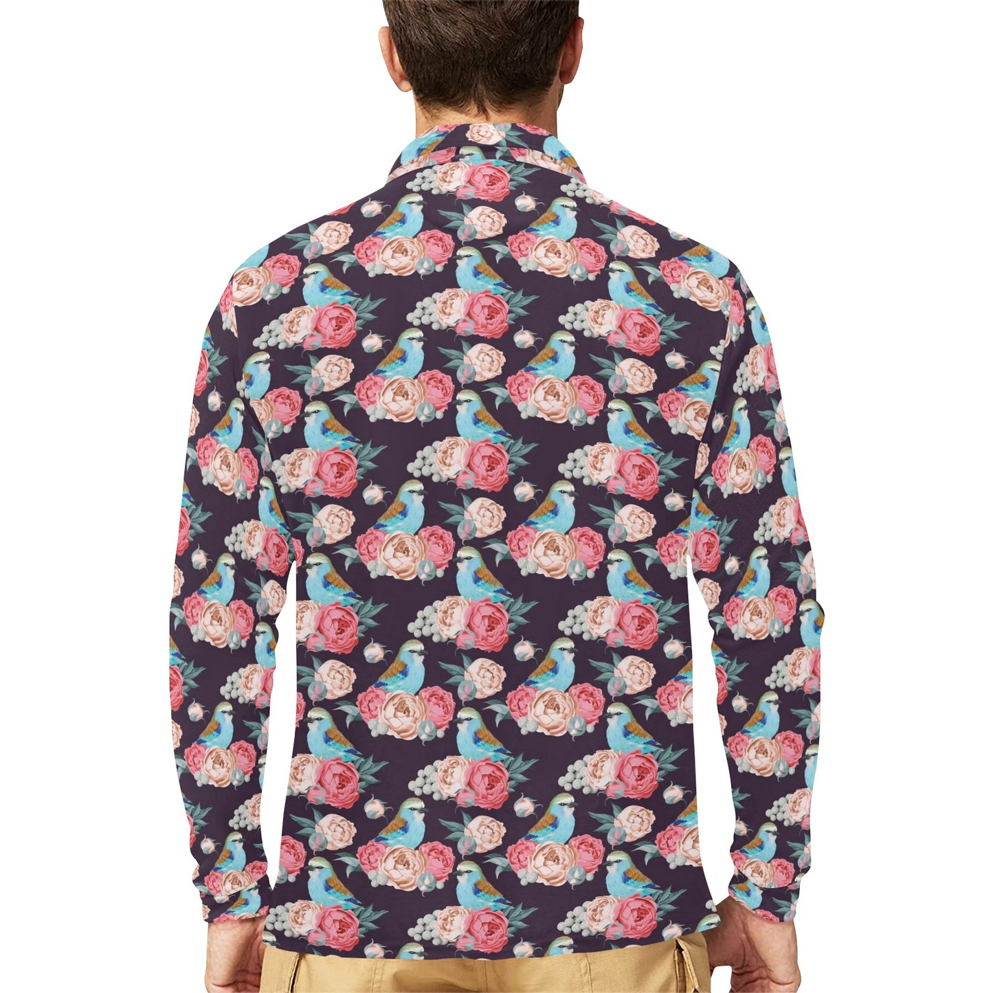 Bluebird Pattern Print Design 02 Long Sleeve Polo Shirt For Men's