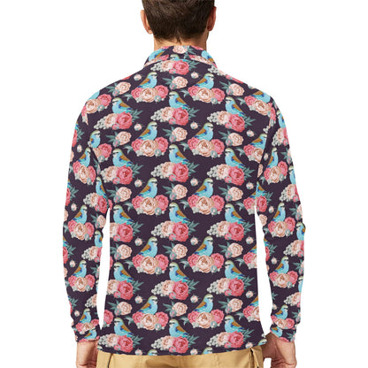 Bluebird Pattern Print Design 02 Long Sleeve Polo Shirt For Men's