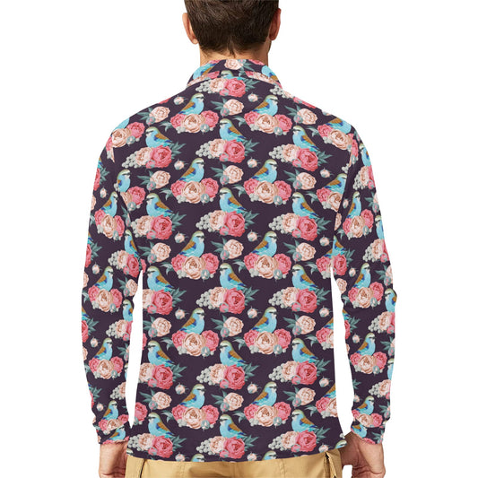 Bluebird Pattern Print Design 02 Long Sleeve Polo Shirt For Men's