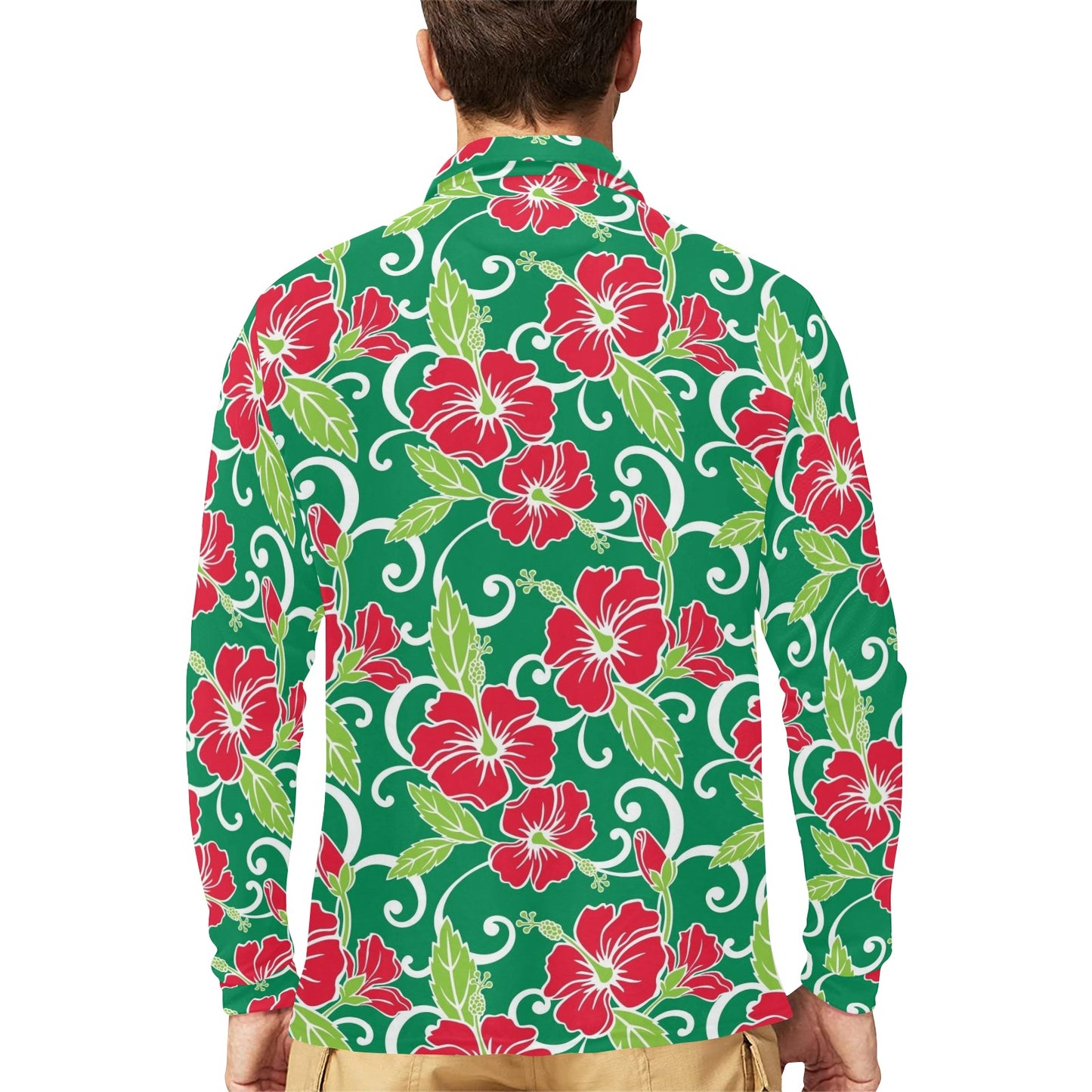 Red Hibiscus Pattern Print Design HB019 Long Sleeve Polo Shirt For Men's