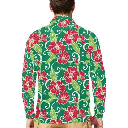 Red Hibiscus Pattern Print Design HB019 Long Sleeve Polo Shirt For Men's